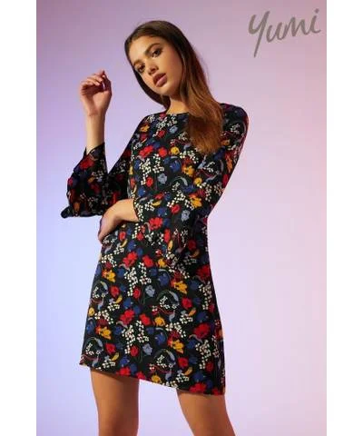 Women's wrap dresses with green accents-Floral Flute Sleeve Tunic Dress