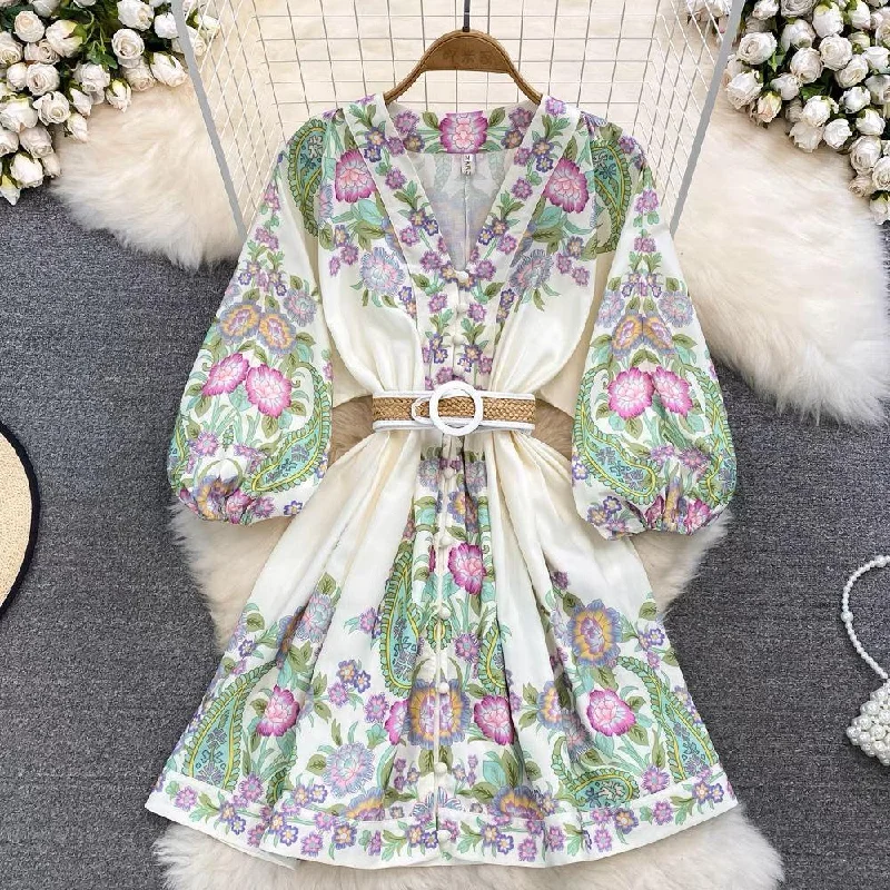 Women’s glamorous ball gown prom dress for princess feel -Hennah Floral Print Dress with Belt Women’s glamorous ball gown prom dress for princess feel -Hennah Floral Print Dress with Belt