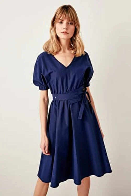 Women’s body-hugging prom dress for sleek silhouette -Indigo Belted Dress