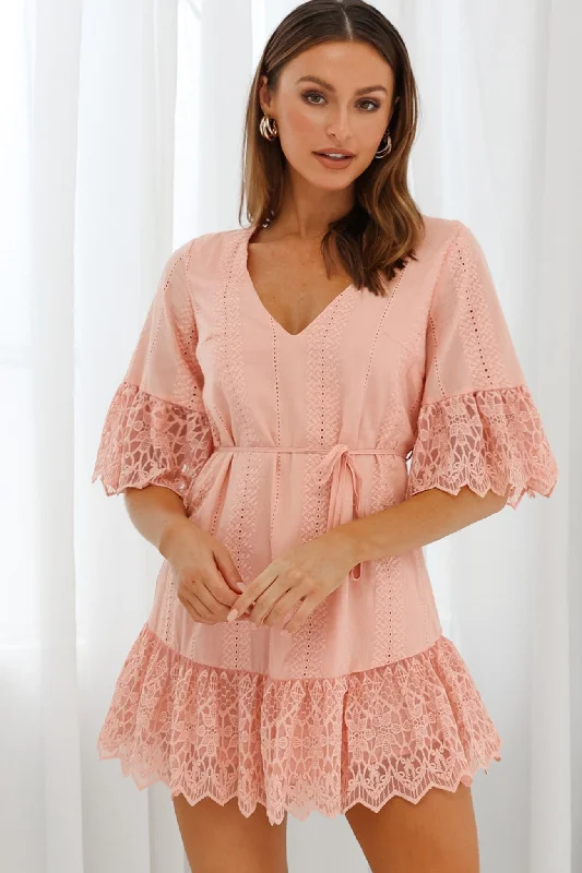 Wrap dresses for New Year's parties-Karissa Lace Trim Waist Tie Tunic Dress Blush