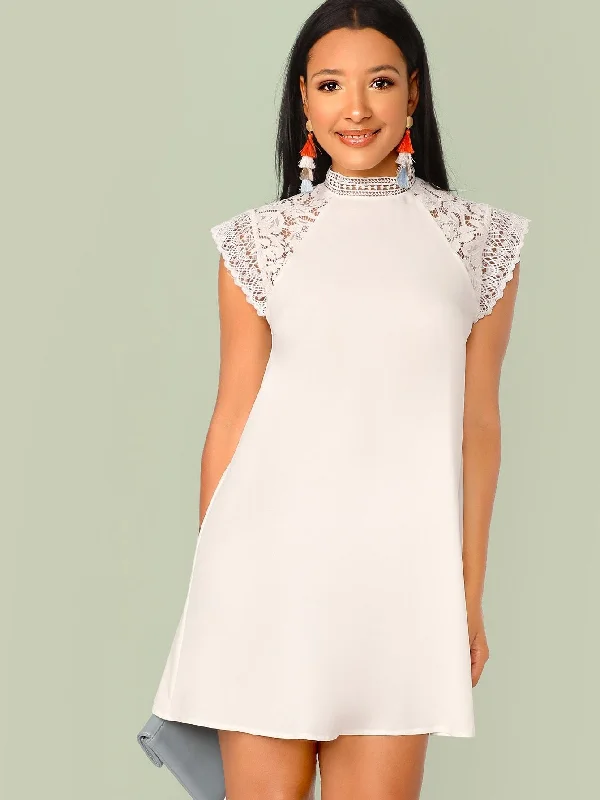 Women's wrap dresses with athletic wear-Lace Trim Solid Tunic Dress