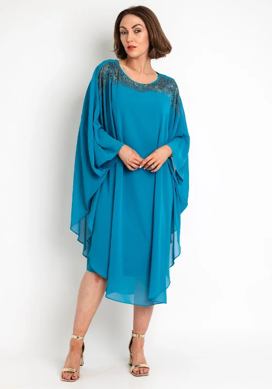 Women's wrap dresses with ski resort style-Serafina Collection Embellished Neck Tunic Dress, Turquoise Women's wrap dresses with ski resort style-Serafina Collection Embellished Neck Tunic Dress, Turquoise