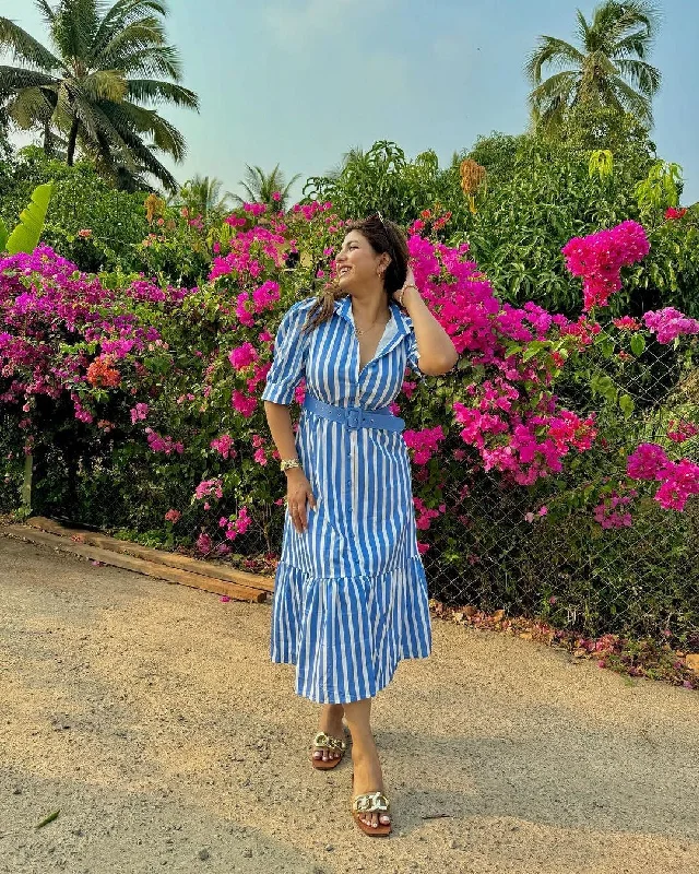 Women’s body-hugging prom dress for sleek silhouette -Misa Striped Statement Dress In Blue Women’s body-hugging prom dress for sleek silhouette -Misa Striped Statement Dress In Blue