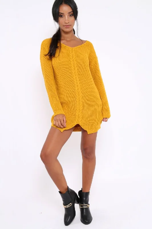 Women’s silver sequin prom dress for shimmering effect -Mustard Jumper Dress with Twist Knit Detail - Antonia