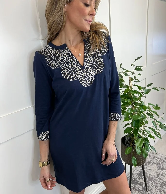 Women's wrap dresses with faux fur-Navy Embroidered Tunic Dress