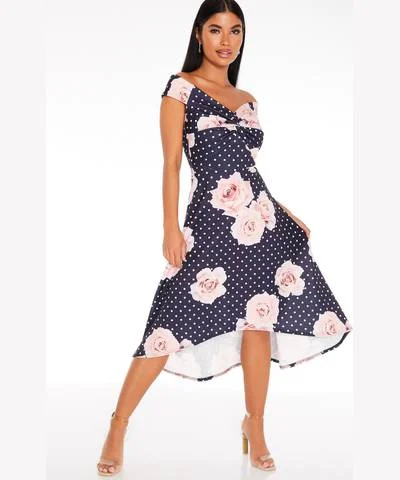 Women’s pleated satin prom dress for texture and flow -Navy Floral Polka Dot Dress