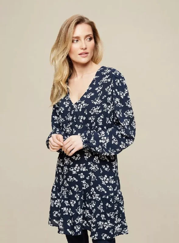 Women's wrap dresses with hearts-Navy Floral Print Tunic Dress