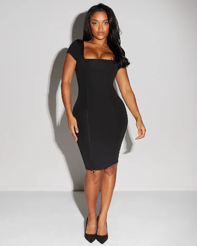 Women’s chic A-line prom dress for flattering fit -Ponte Squarey Dress - Black