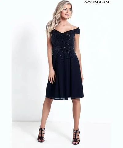Women’s soft pink lace prom dress for romantic touch -Sequin Bardot Dress Black