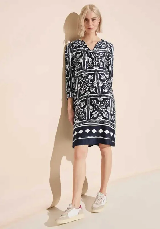 Women's wrap dresses with bunny ears-Street One Satin Printed Tunic Dress, Deep Blue Women's wrap dresses with bunny ears-Street One Satin Printed Tunic Dress, Deep Blue