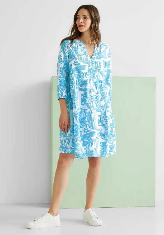 Wrap dresses for summer weddings-Street One Leaf Print Linen Tunic Dress, Light Splash Blue