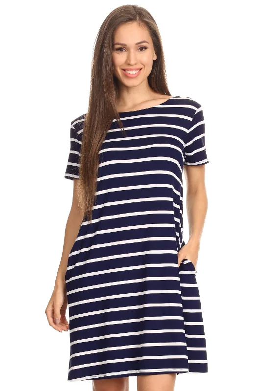 Wrap dresses for Fourth of July-Striped Criss Cross Back Tunic Dress with Pockets