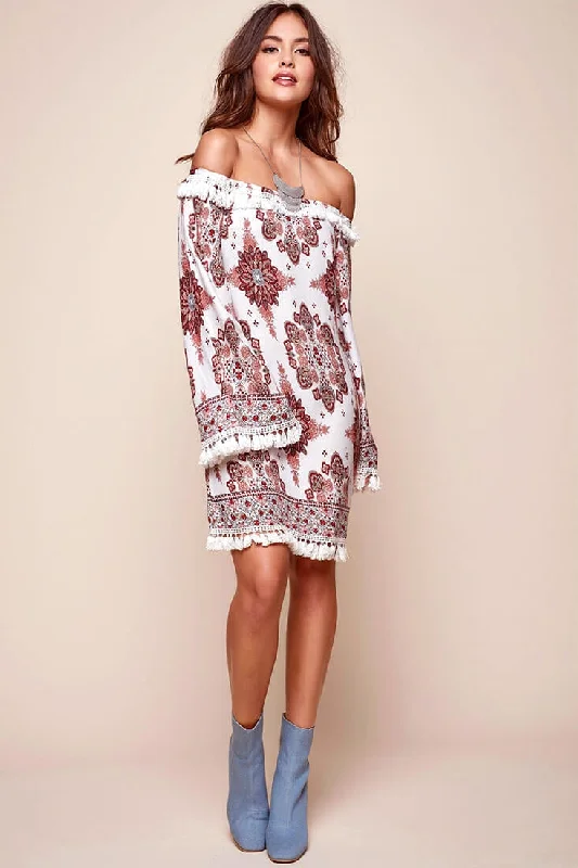 Women's wrap dresses with brunch-inspired outfits-Sujata Bohemian Fringe Tunic Dress White Women's wrap dresses with brunch-inspired outfits-Sujata Bohemian Fringe Tunic Dress White