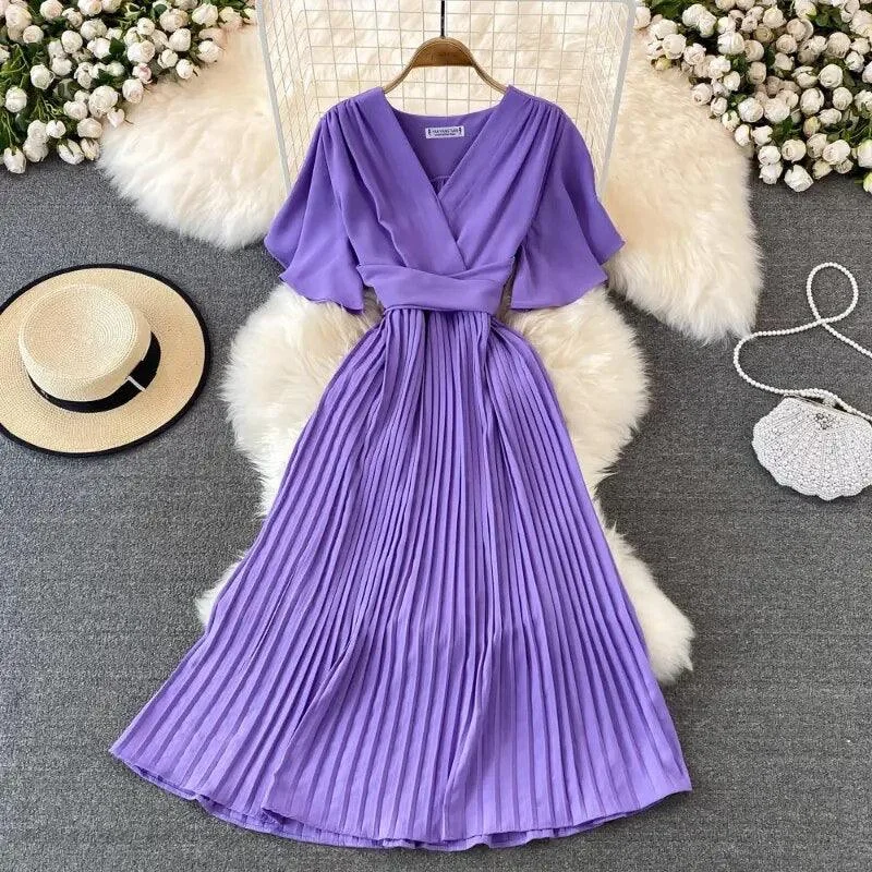 Women’s A-line prom dress with satin finish -Terry Pleated Luxe Summer Dress