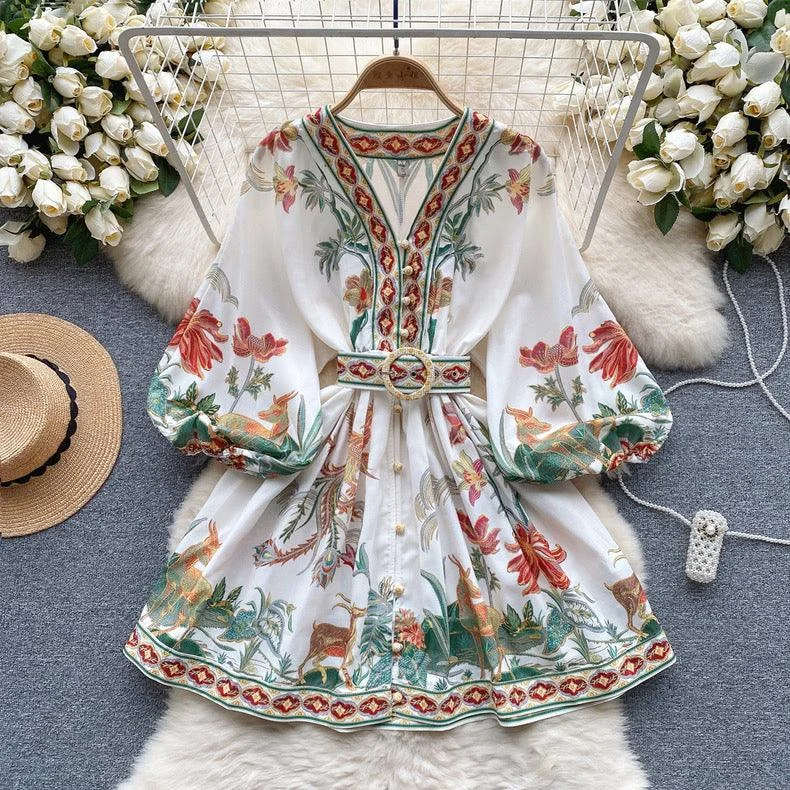 Women’s rose gold prom dress for elegant shine -Tropical Vintage Dress with Belt