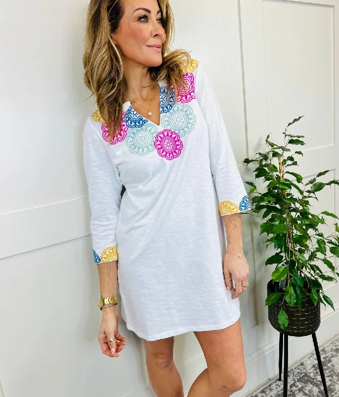 Wrap dresses for New Year's Eve-White Embroidered Tunic Dress