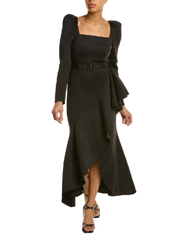 Day dress with slouchy fit for relaxed vibe -Badgley Mischka Draped Flounce Day Dress Day dress with slouchy fit for relaxed vibe -Badgley Mischka Draped Flounce Day Dress