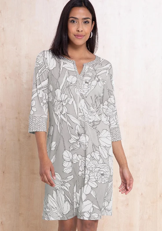 Women's wrap dresses with garden-inspired accessories-Bianca Danilo Floral Tunic Dress, Grey Women's wrap dresses with garden-inspired accessories-Bianca Danilo Floral Tunic Dress, Grey
