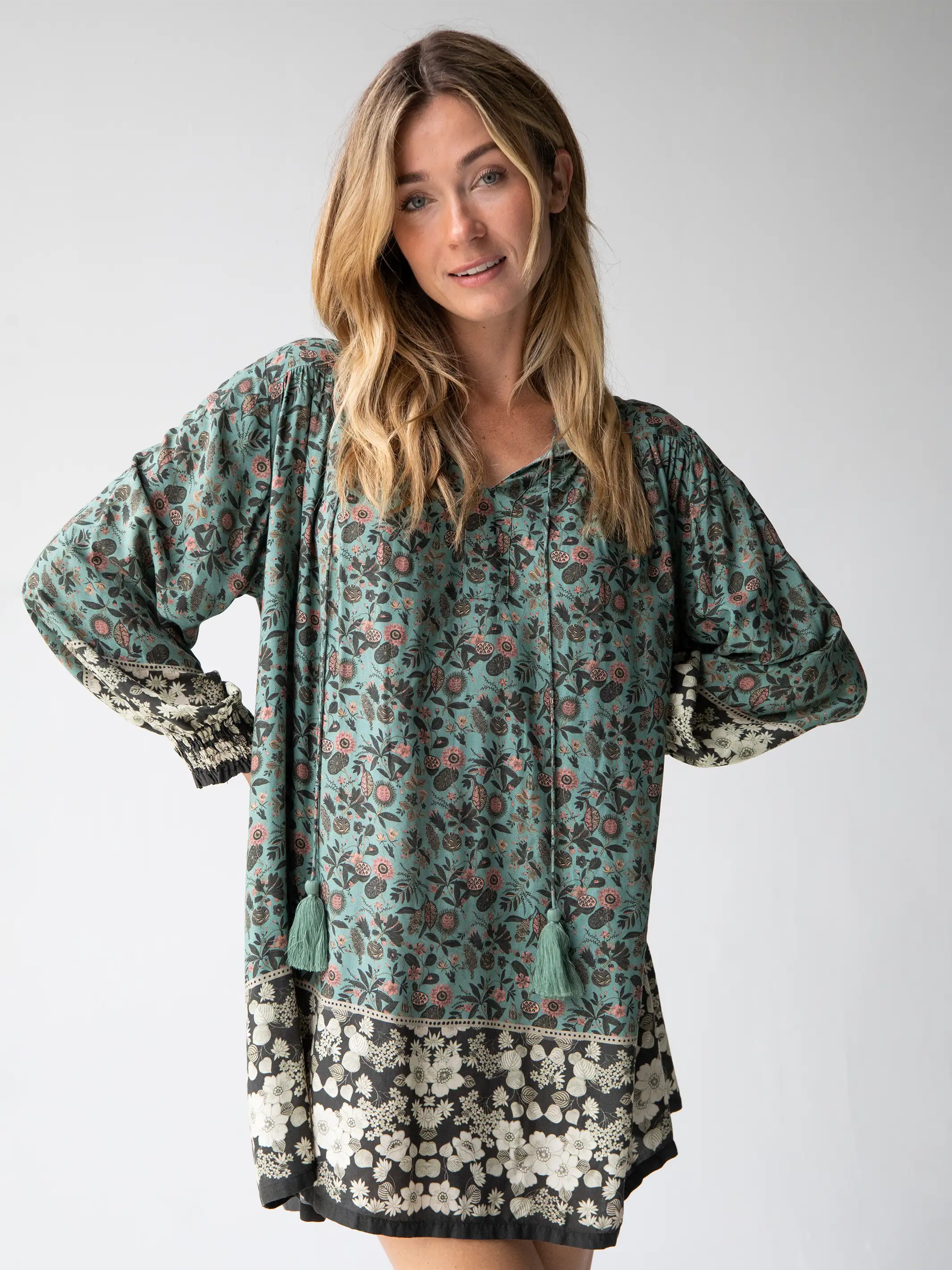 Women's wrap dresses with outdoor-inspired accessories-Dara V-Neck Tunic Dress - Sage Black Floral Border Women's wrap dresses with outdoor-inspired accessories-Dara V-Neck Tunic Dress - Sage Black Floral Border