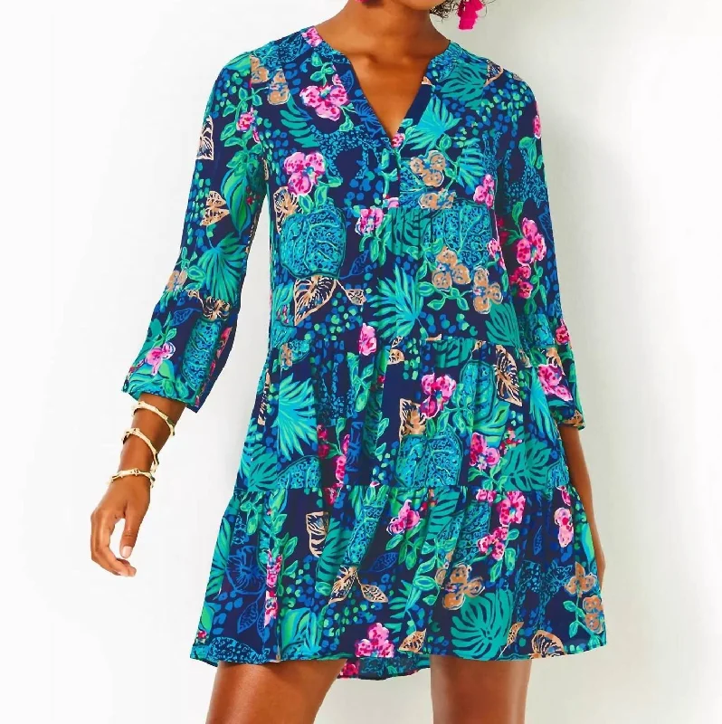 Women's wrap dresses with fashion show-inspired wedding guest outfits-Gabriel 3/4 Sleeve Tunic Dress In Low Tide Navy Life Of The Party