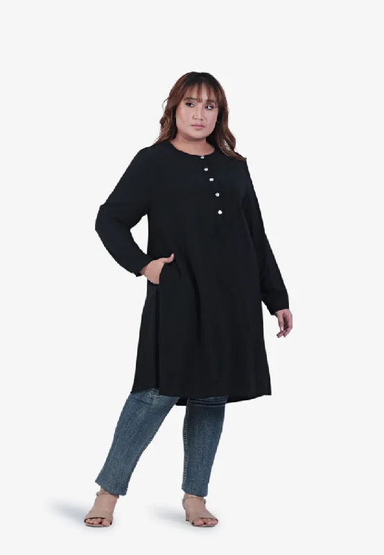 Women's wrap dresses with dinner-inspired accessories-Laticia Stand Collar Tunic Dress - Black Women's wrap dresses with dinner-inspired accessories-Laticia Stand Collar Tunic Dress - Black