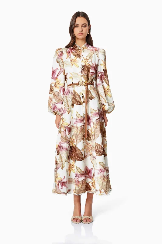 Day dress with soft pleats for natural drape -Meadow Floral Day Dress In White