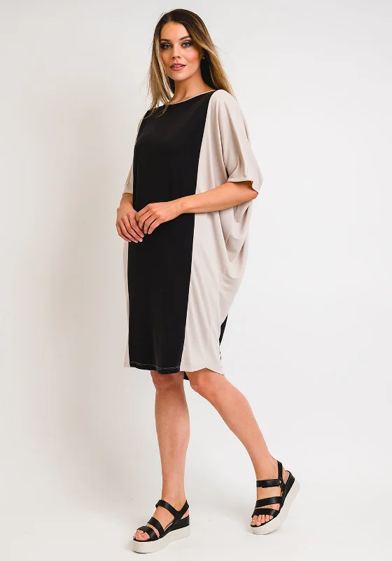 Women's wrap dresses with evening-inspired accessories-Naya Colour Block Tunic Dress, Stone & Black Women's wrap dresses with evening-inspired accessories-Naya Colour Block Tunic Dress, Stone & Black