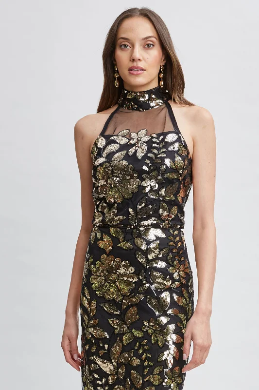 Women’s doll dress with floral lace design -Floral Sequin Halter Top
