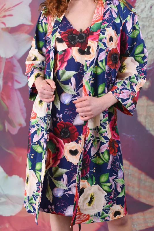 Short cocktail dress with flared skirt -Casey Robe - Navy Poppies