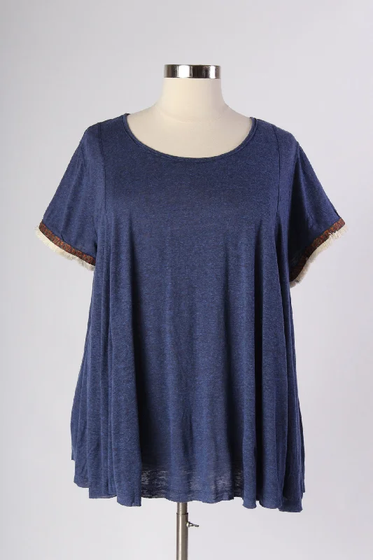 Women’s doll dress with ruffled hemline -Comfy  Embroidery Contrast - Indigo