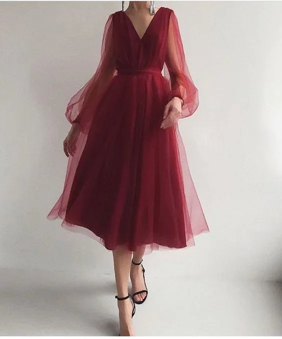 Women’s elegant party dress with tulle skirt -A line burgundy prom dress  gh2361