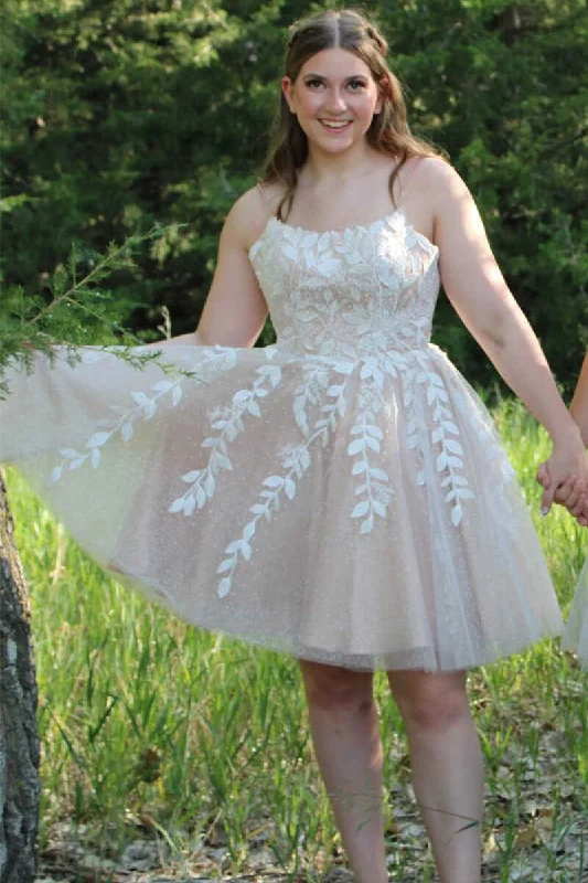 Women’s evening party dress with floral appliqué -A-Line Ivory Appliques Lace-Up Short Homecoming Gown  gh1286
