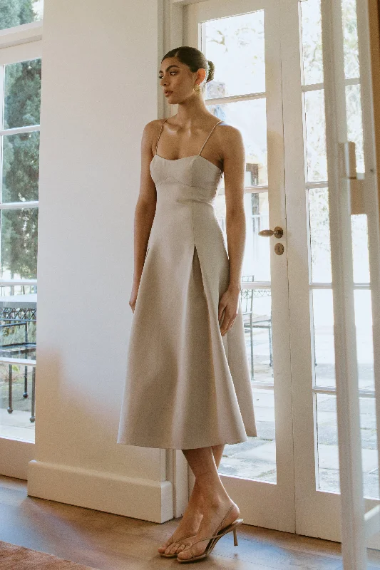 Women’s sequin party dress for a formal gathering -Alaina A-Line Midi Dress - Natural Women’s sequin party dress for a formal gathering -Alaina A-Line Midi Dress - Natural