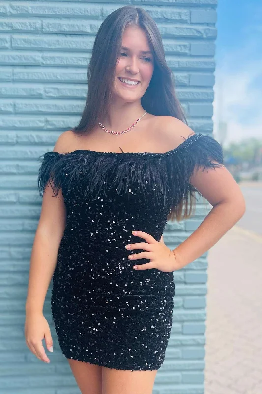Women’s party dress with bow tie detail -Black Sequin Off-the-Shoulder Feathered Short Party Dress gh1271 Women’s party dress with bow tie detail -Black Sequin Off-the-Shoulder Feathered Short Party Dress gh1271