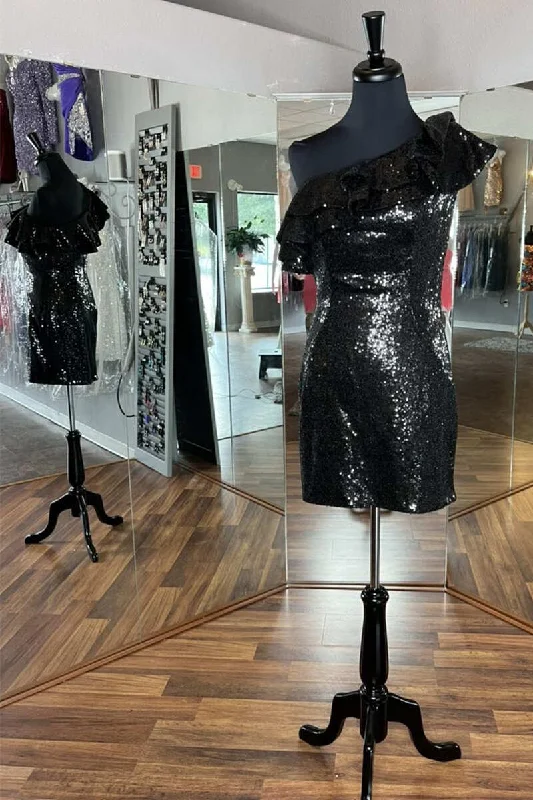 Women’s black dress for fancy gatherings -Black Sequin Ruffled One-Shoulder Short Homecoming Dress gh1233 Women’s black dress for fancy gatherings -Black Sequin Ruffled One-Shoulder Short Homecoming Dress gh1233