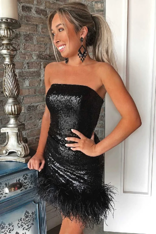 Affordable women’s party dress for special events -Black Sequin Strapless Feathered Short Party Dress gh1287 Affordable women’s party dress for special events -Black Sequin Strapless Feathered Short Party Dress gh1287
