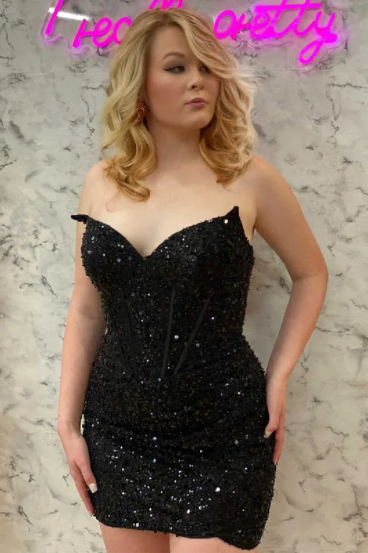 Women’s party dress with a flared silhouette -Black Sequin Strapless Tight Mini Homecoming Gown gh1321 Women’s party dress with a flared silhouette -Black Sequin Strapless Tight Mini Homecoming Gown gh1321