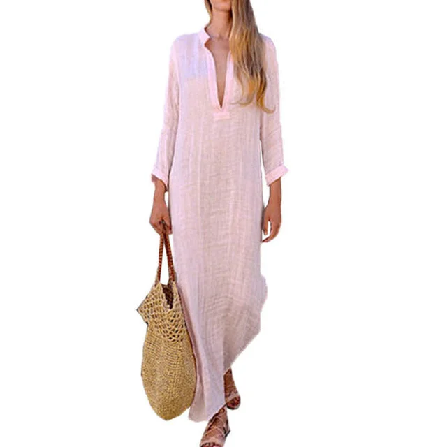 Elegant women’s party dress with satin and lace -Boho Cotton Linen Maxi Dress