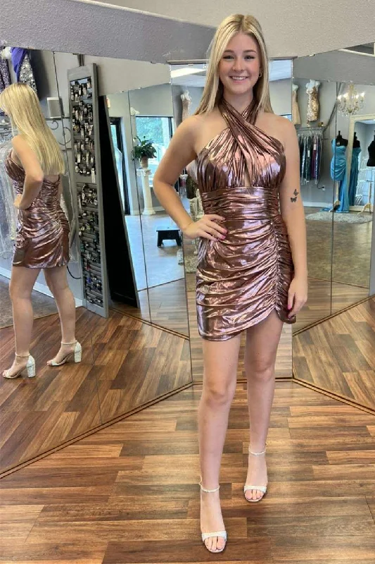 Women’s summer party dress for daytime events -Bronze Halter Ruched Short Party Dress gh1264 Women’s summer party dress for daytime events -Bronze Halter Ruched Short Party Dress gh1264