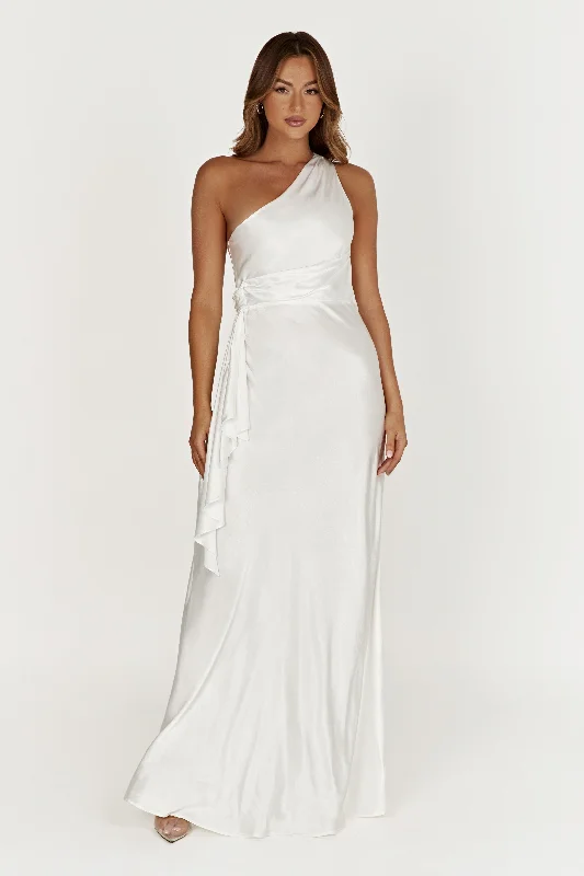 Women’s elegant evening dress with lace overlay -Calliope One Shoulder Maxi Dress - White Women’s elegant evening dress with lace overlay -Calliope One Shoulder Maxi Dress - White