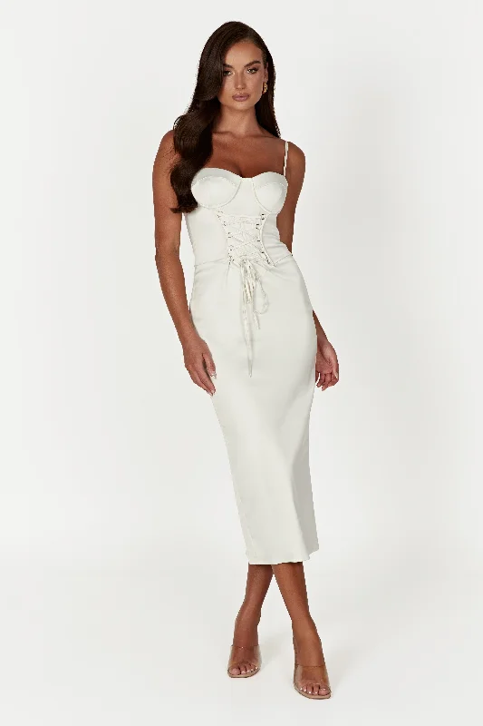 Women’s fitted party dress for elegant events -Camelia Corset Midi Dress - Ivory