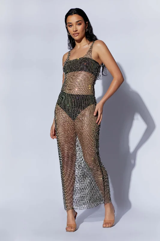 Women’s party dress for evening events -Delara Diamante Mesh Maxi Dress - Black