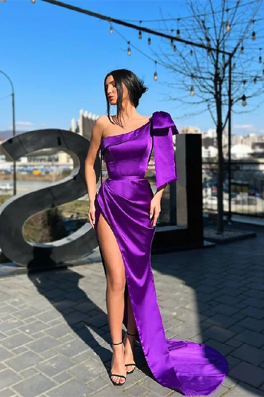 Women’s party dress with tulle skirt -Designer Purple One Shoulder Long Prom Dress With Slit gh2349