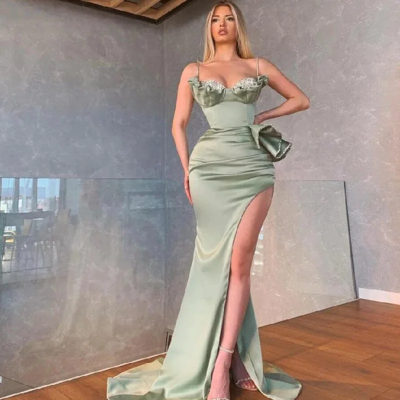 Women’s party dress for a festive look -Elegant Dusty Sage Spaghetti Straps Mermaid Prom Dress With Slit gh2392 Women’s party dress for a festive look -Elegant Dusty Sage Spaghetti Straps Mermaid Prom Dress With Slit gh2392