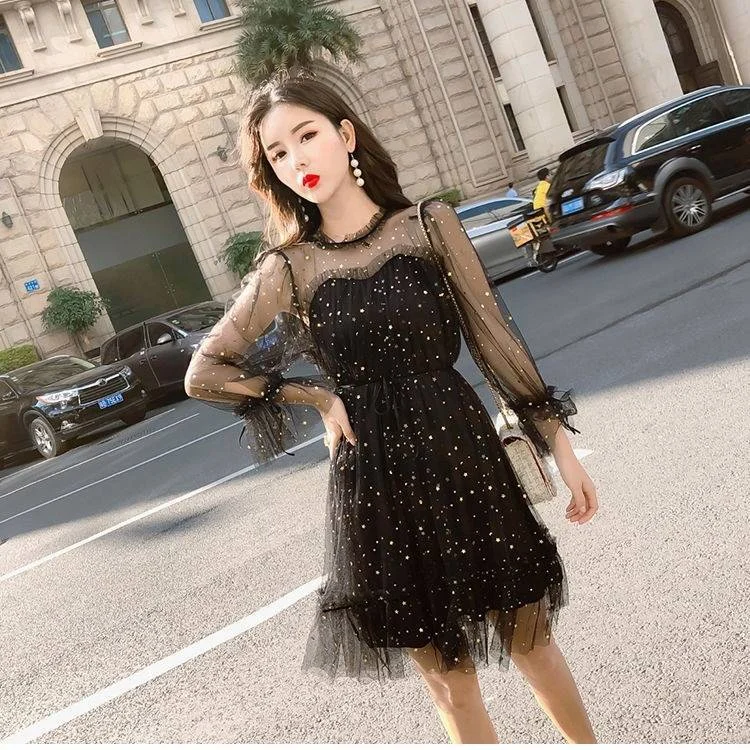 Comfortable women’s party dress for long nights -Elegant Mesh Patchwork Dress