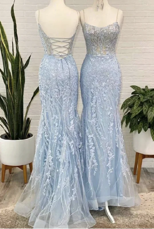 Women’s party dress with open-back design -Elegant Sky Blue Prom Dresses with Appliques Lace gh2296 Women’s party dress with open-back design -Elegant Sky Blue Prom Dresses with Appliques Lace gh2296