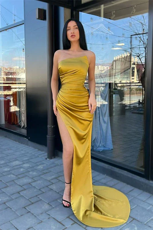 Affordable women’s party dress for casual parties -Elegant Yellow Simple Sleeveless Mermaid Prom Dress With Slit gh2350 Affordable women’s party dress for casual parties -Elegant Yellow Simple Sleeveless Mermaid Prom Dress With Slit gh2350