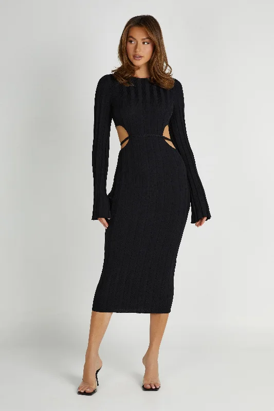 Women’s fashion-forward party dress with unique prints -Elodie Knit Midi Dress - Black Women’s fashion-forward party dress with unique prints -Elodie Knit Midi Dress - Black