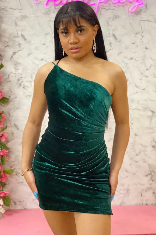 Elegant women’s dress with tulle overlay for parties -Emerald One-Shoulder Ruched Homecoming Dress gh1314 Elegant women’s dress with tulle overlay for parties -Emerald One-Shoulder Ruched Homecoming Dress gh1314