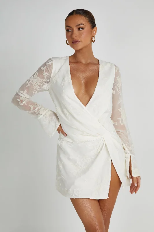 Women’s wrap party dress for a flattering look -Emory Burnout Velvet Dress - White